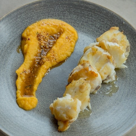 Grilled monkfish and pumpkin purée