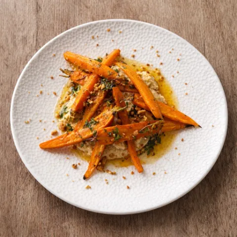 Braised bunch carrot with hummus, "romesco migas" and hazelnuts Reus PDO